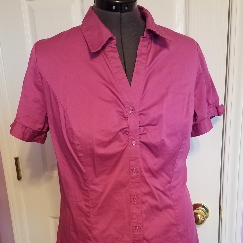 Dark Pink Button Down w/Pintucks & Sleeve Details